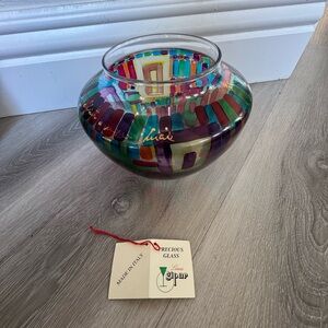 Vibrant Multicolor Mouth Blown Hand Painted Glass Vase by designer G. Butteri